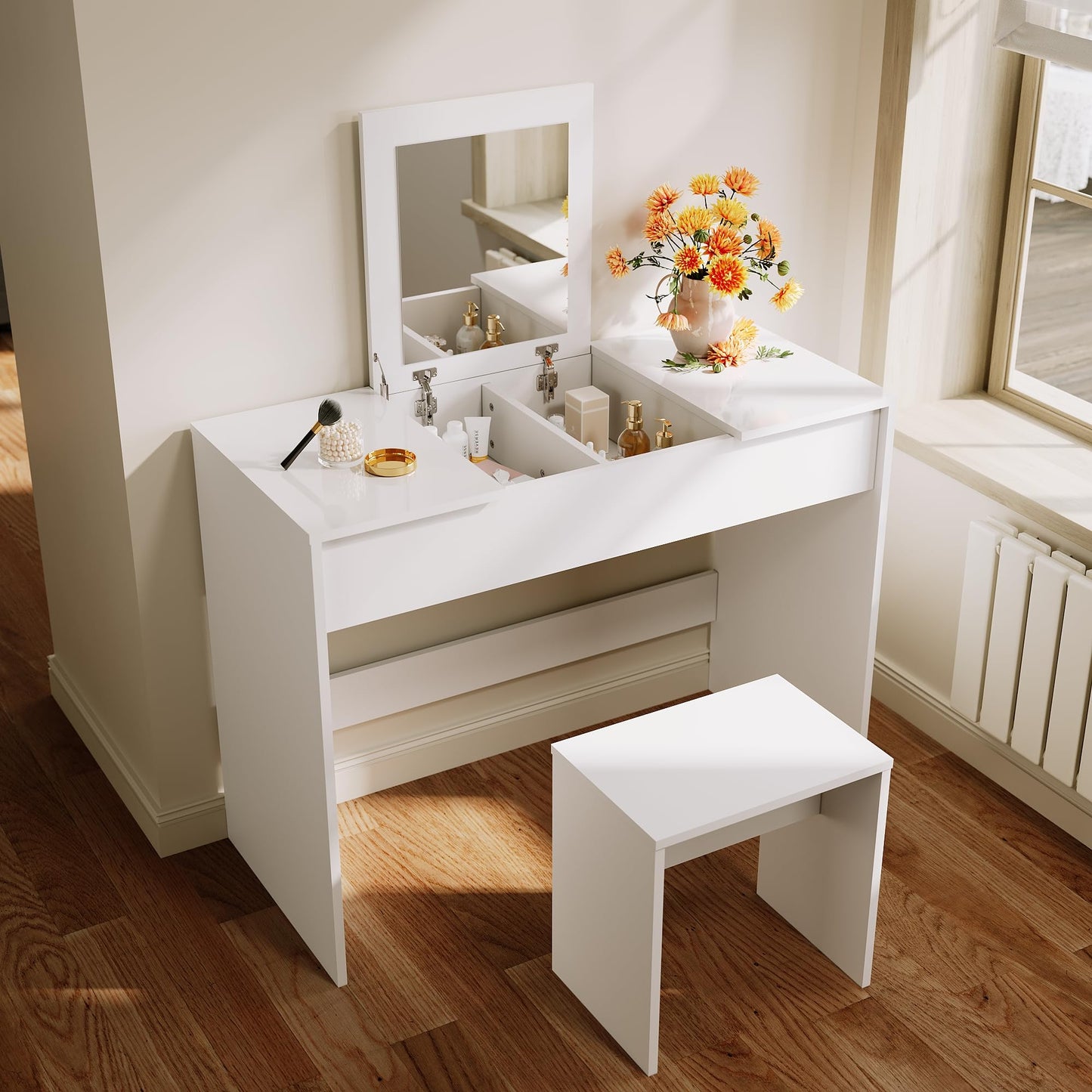 ELEGANT Dressing Table Set with Flip-Up Mirror & Stool, Vanity Makeup Desk with Hidden Cosmetics Storage for Women & Girls? Bedrooms, Convertible