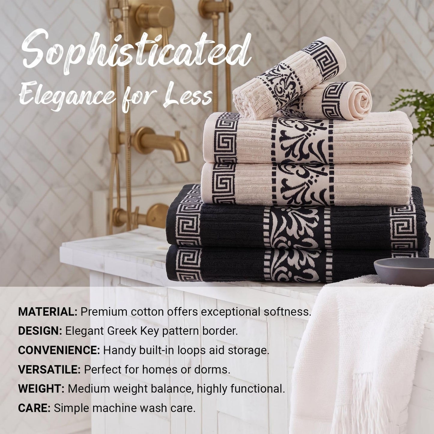 Superior 8 Piece Cotton Towel Set, Highly-Absorbent Plush Decorative Bohemian, Greek Key Trim Jacquard Dobby Border, Face Towels 13” x 13”