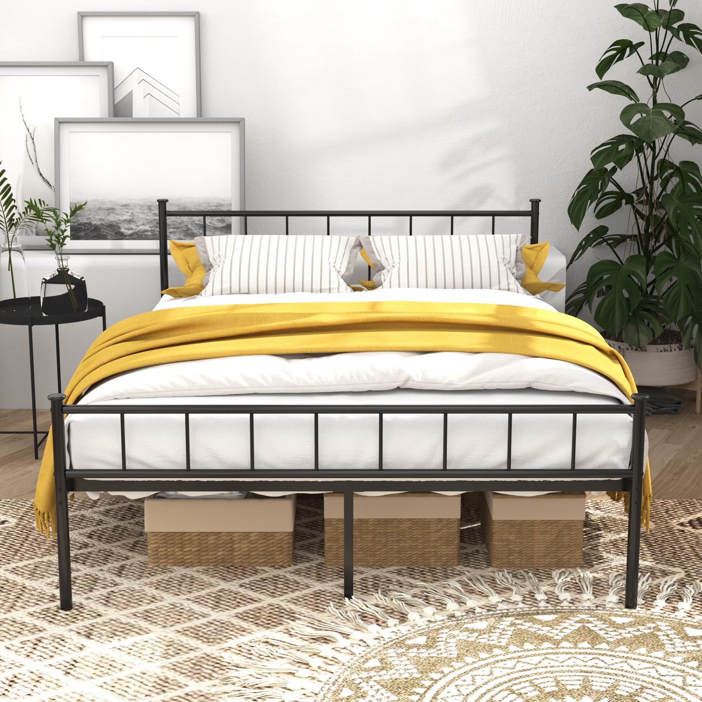 XINBEDEU 5ft King Bed Frame, Modern Style Metal Platform Bed with Headboard and Footboard, Sturdy Metal Slatted Support Requiring No Spring Mattress,
