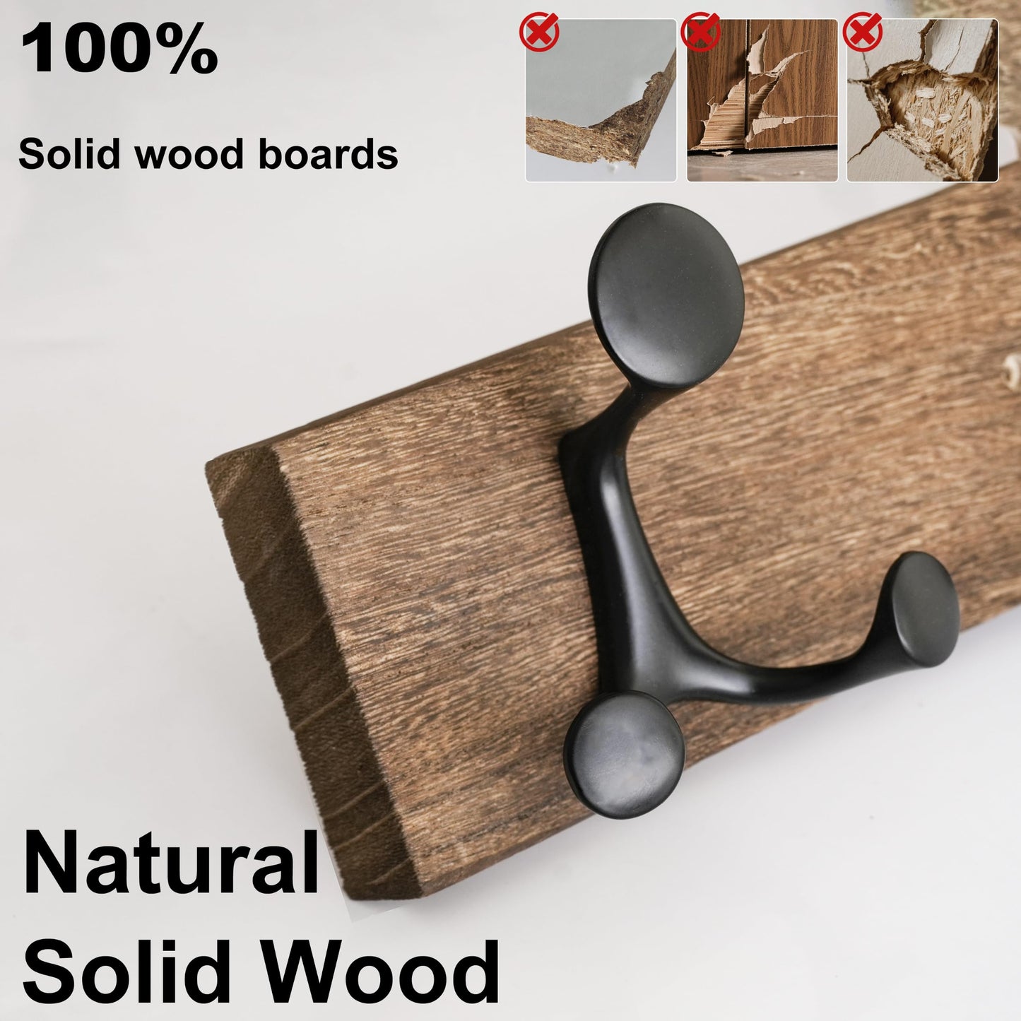 HONSKY Wall Mounted Coat Rack, 76cm Solid Paulownia Wood Base,5 Black Sturdy Aluminium Alloy Triple Hooks(15 Hanging Points)