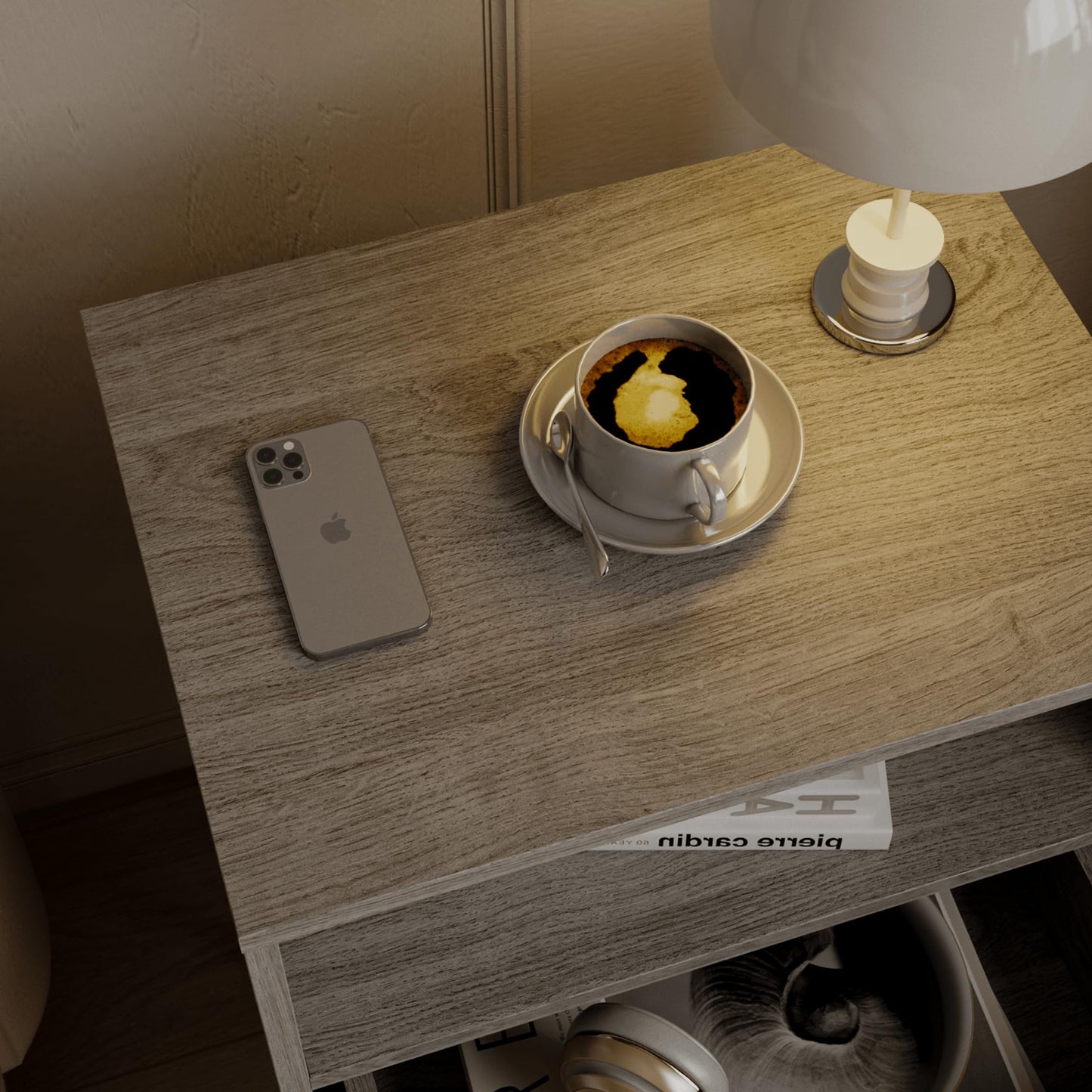 JERX Rattan Bedside Table, Farmhouse Nightstand with 2 Storage Drawer and Open Wood Shelf, for Bedroom and Small Spaces