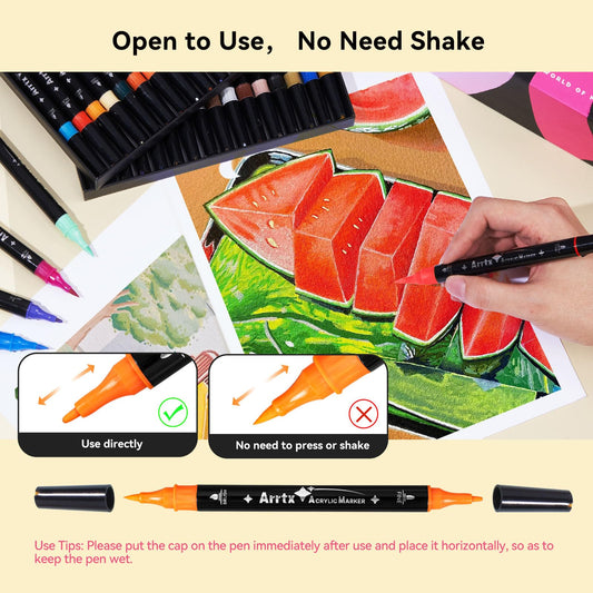 Arrtx 64 Colors Acrylic Paint Pens, Brush Tip and Fine Tip Acrylic Markers, Paint Markers for Rock Painting, Water Based Acrylic Painting Supplies for