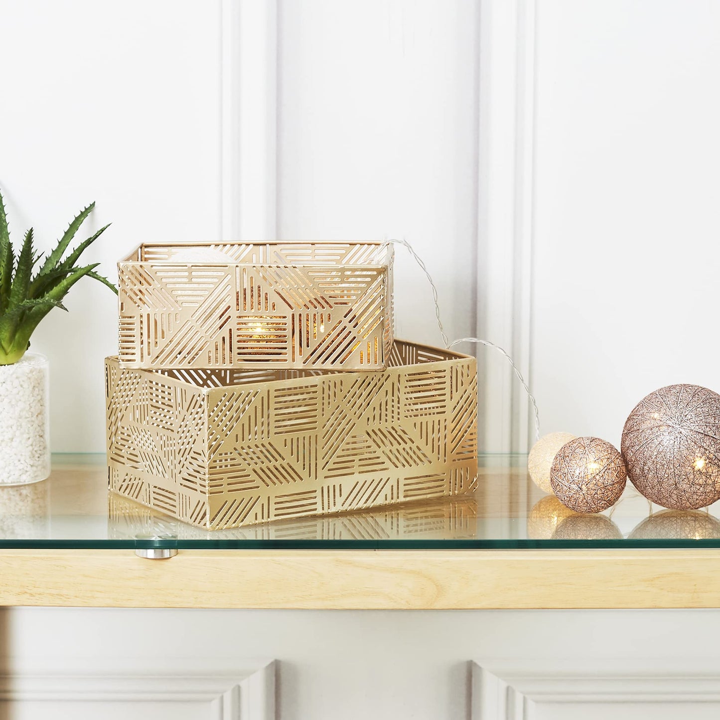 HOME DECO FACTORY - Rg6250 – 2 x Gold Striped Metal Basket Decorative Storage Basket Pot Cover