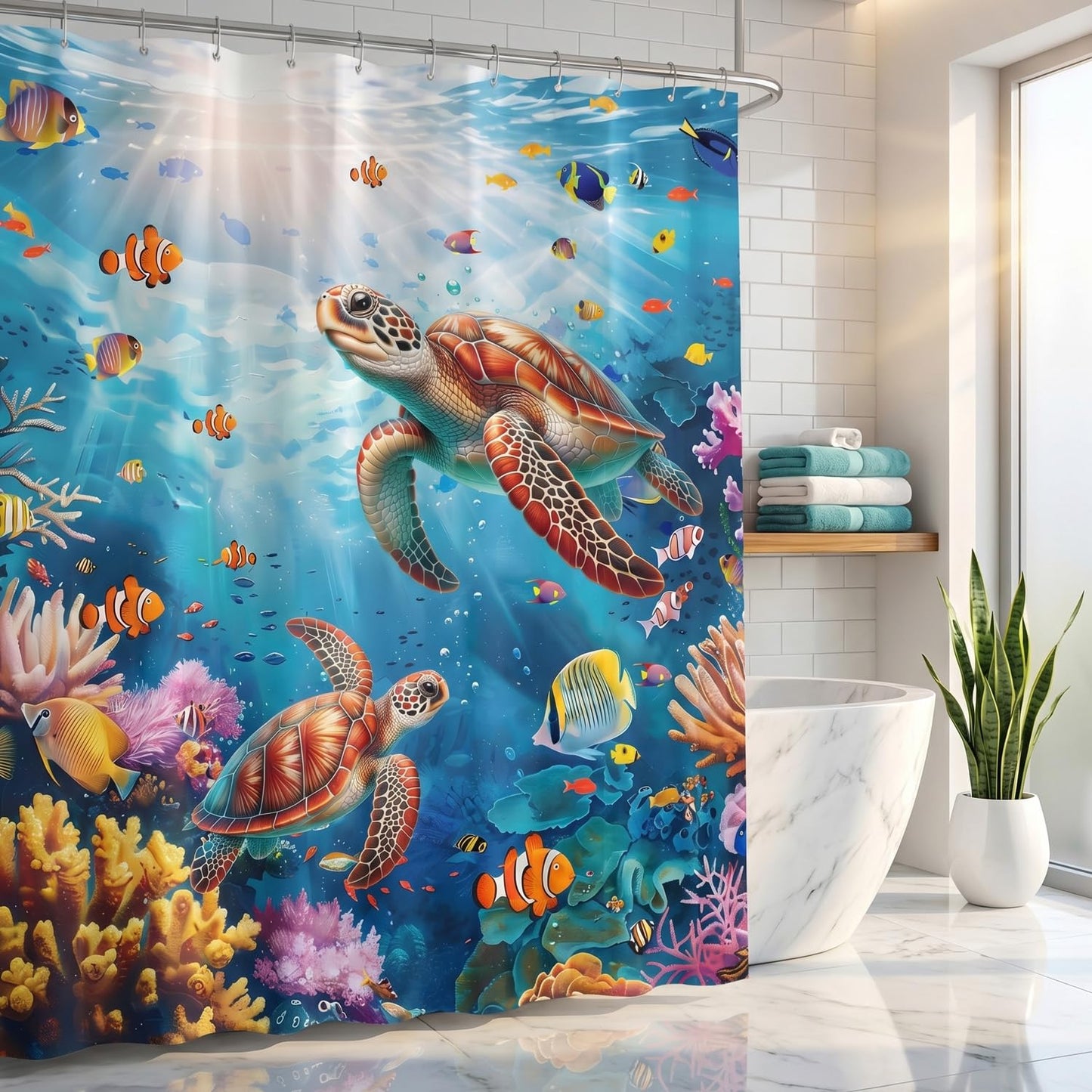 Luvart Shower Curtains for Bathroom, Sea Turtles Waterproof Shower Curtain 180 X 180 cm, Ocean Tropical Fishes Bath Curtain with Hooks Bathroom Decor