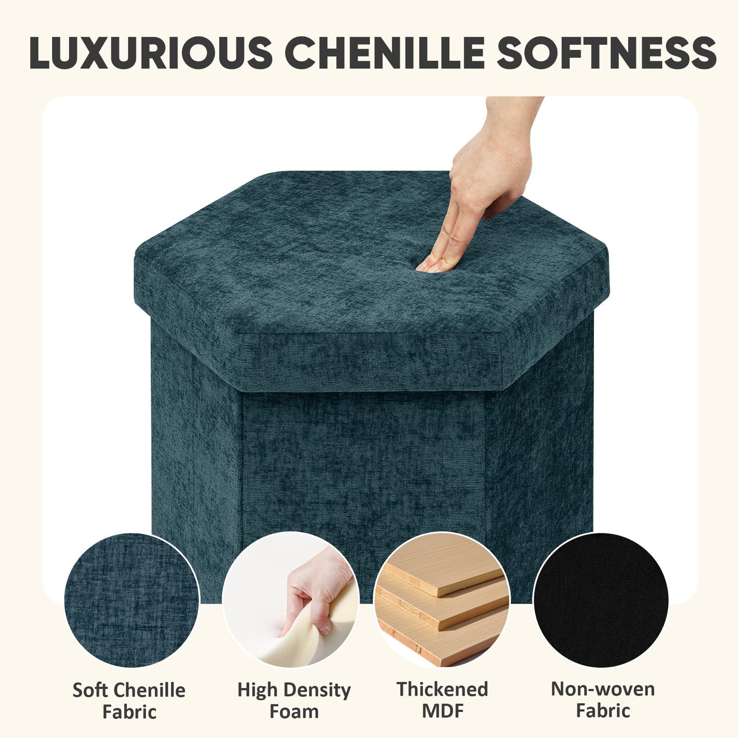PINPLUS Chenille Ottoman Storage Box, Hexagonal Folding Stool, Blue