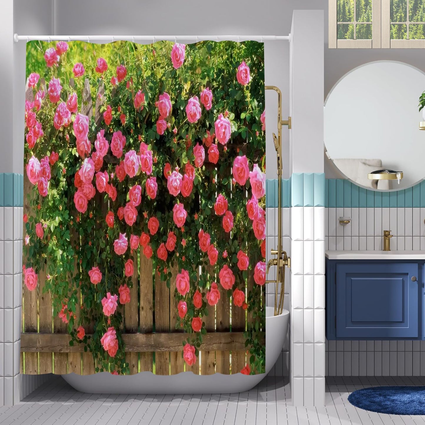Simpomsy Outdoor Shower Curtain Garden Decor, Pink Rose Shower Curtain Green Plant Spring Garden Landscape Bathroom Curtain Waterproof Cloth Fabric