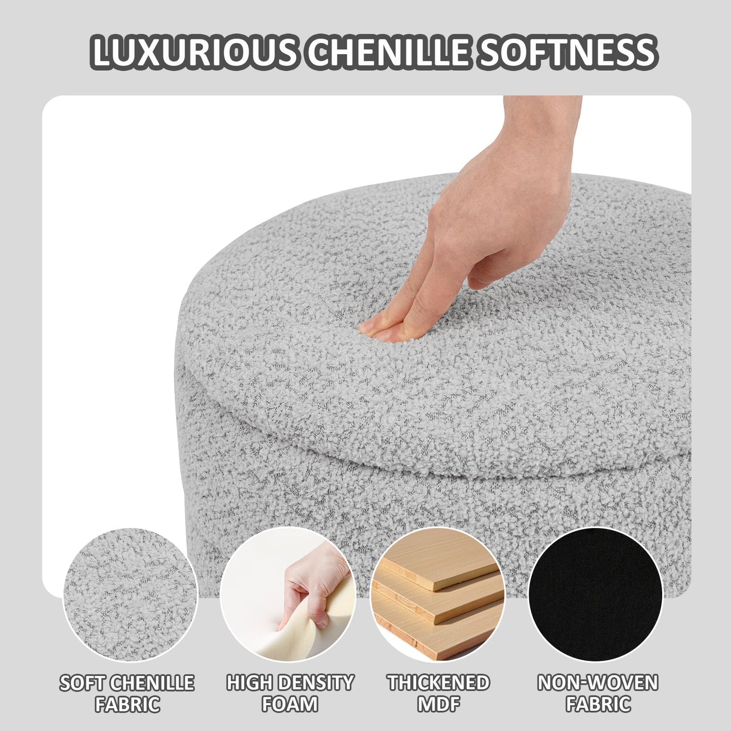 PINPLUS Round Chenille Storage Ottoman, Tray Top, 58x58x44 cm, Silver Grey