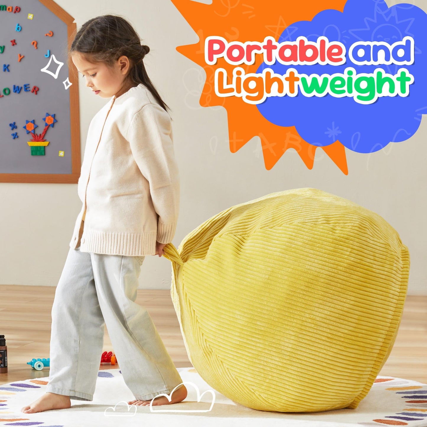 Hobestluk Kids Bean Bag Chair Teardrop Shape with Filling, 2.5FT Yellow