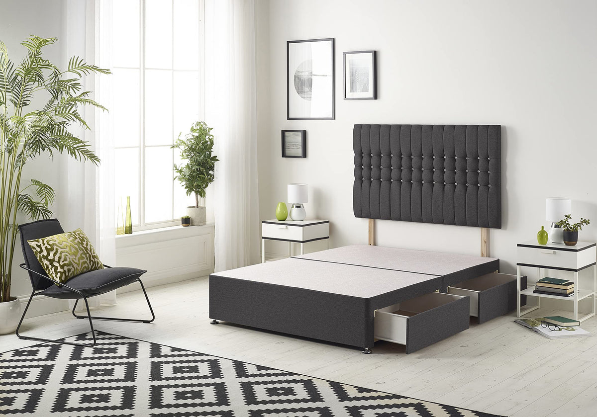Bed Centre Galaxy Divan Base with 2 Drawers Same Side and Matching Headboard, Fabrics and Colours 3FT Single, Plush Black