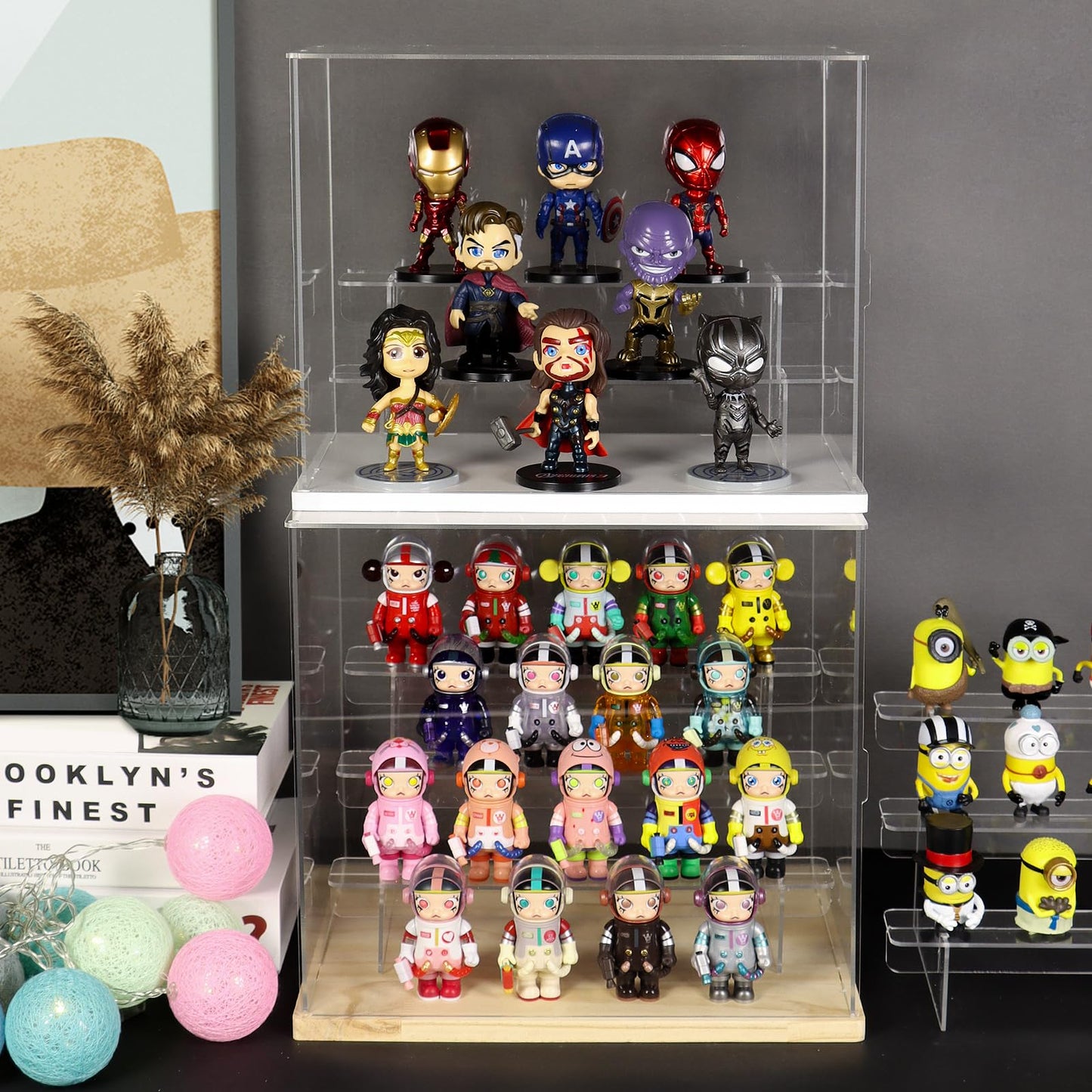 Nynelly 4 Tier Clear Acrylic Display Case for Models, Mini Figures, Pop Mart, Labubu, Sonny Angel, Smiski - Assemble Dustproof Display Box with Door