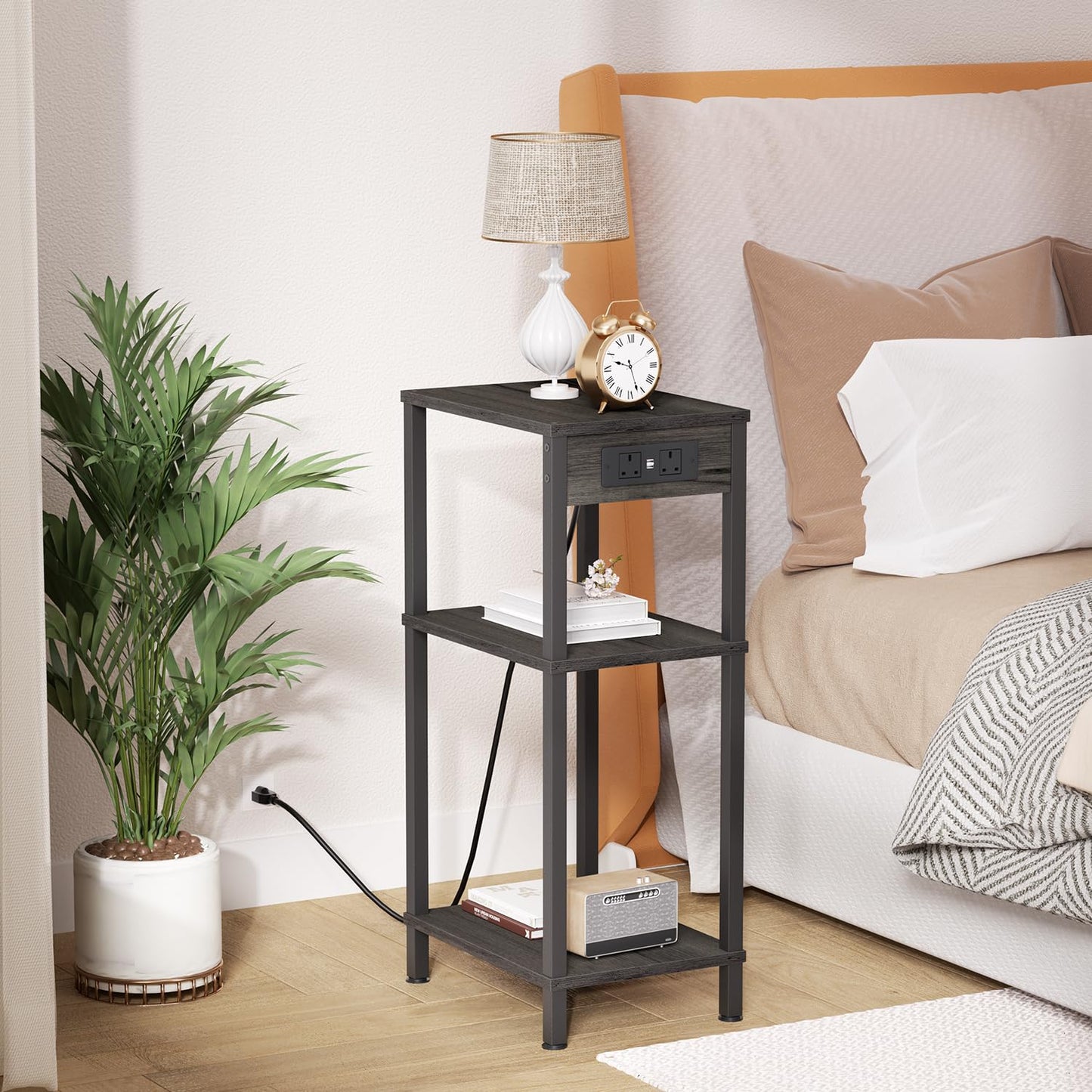 Asgolion Side Table with Charging Station, 3 Tier Tall Slim Side Table with USB Ports and Outlets, Narrow Tall Nightstand with Storage for Bedroom