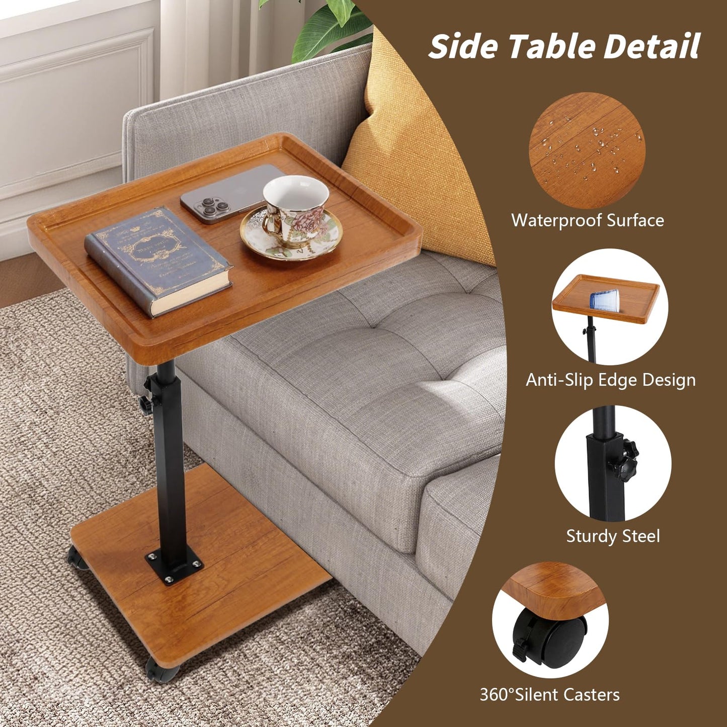 XUDREZ Adjustable Side Table, C Shaped Small Table with 4 Wheels 364° Swivel Tray, End Table for Living Room Bedroom Sofa Small Spaces (Wood color)