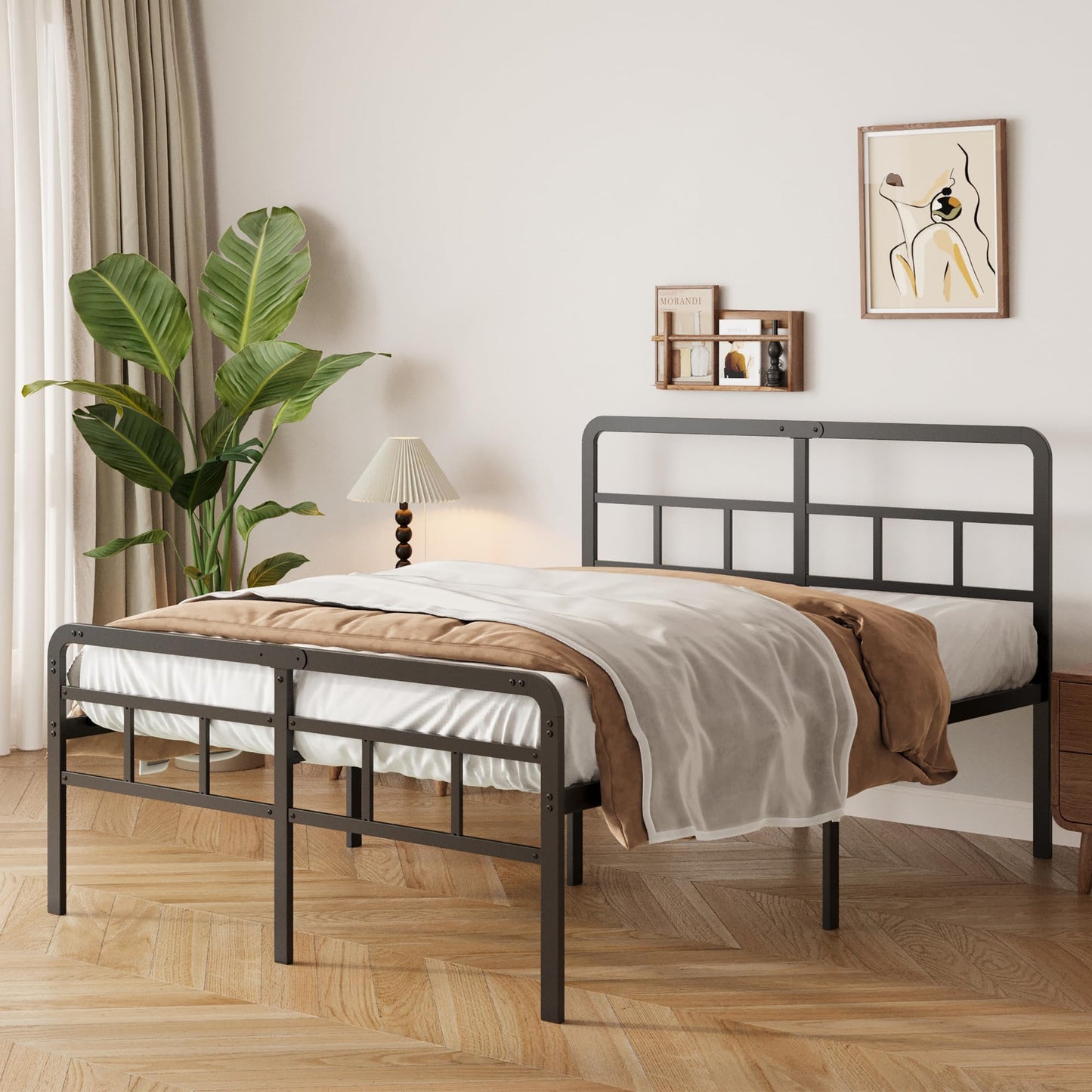 Yicensen 4ft6 Double Bed Frame with Curved Headboard and Footboard, 46cm Height Metal Bed Frame Double with Heavy Duty Slat Support, Underbed Storage