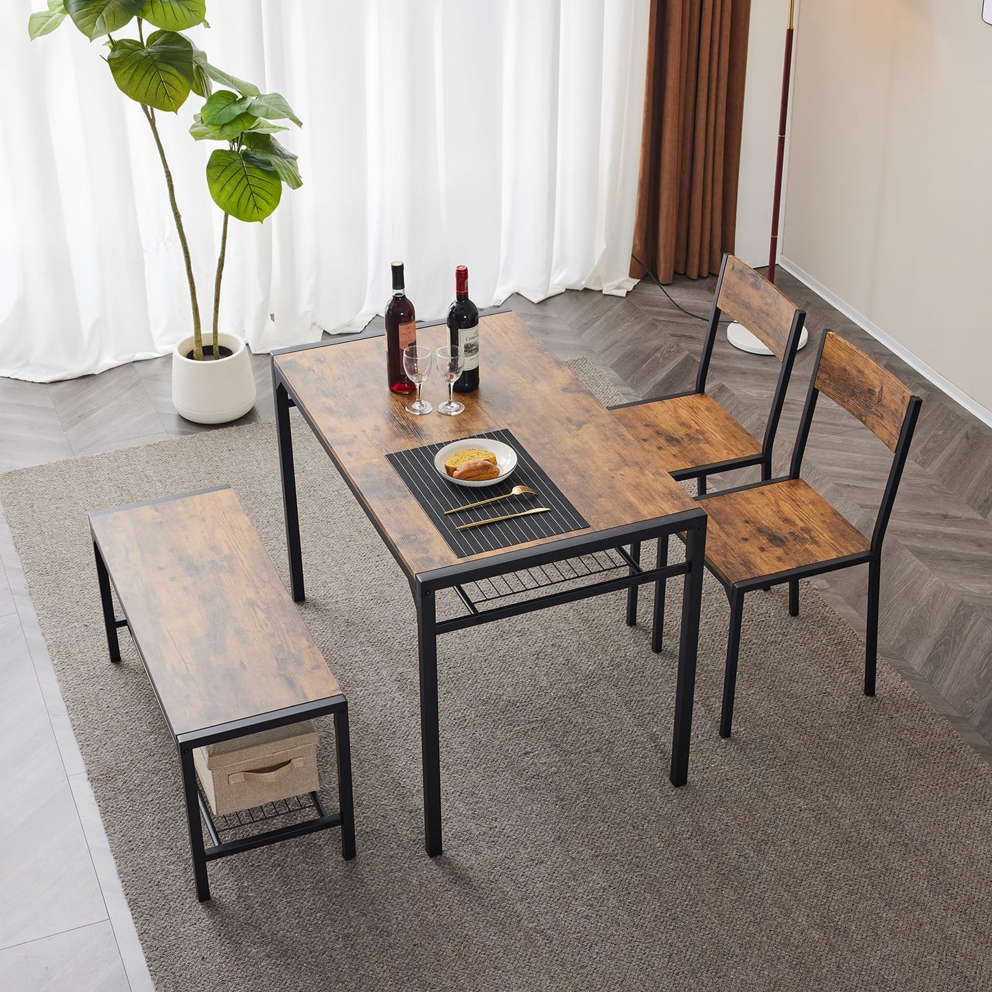Bonnlo 4 Piece Dining Table Set for 4, Kitchen Table with 2 Chairs and a Bench, Space Saving Small Dining Set with Storage Shelf