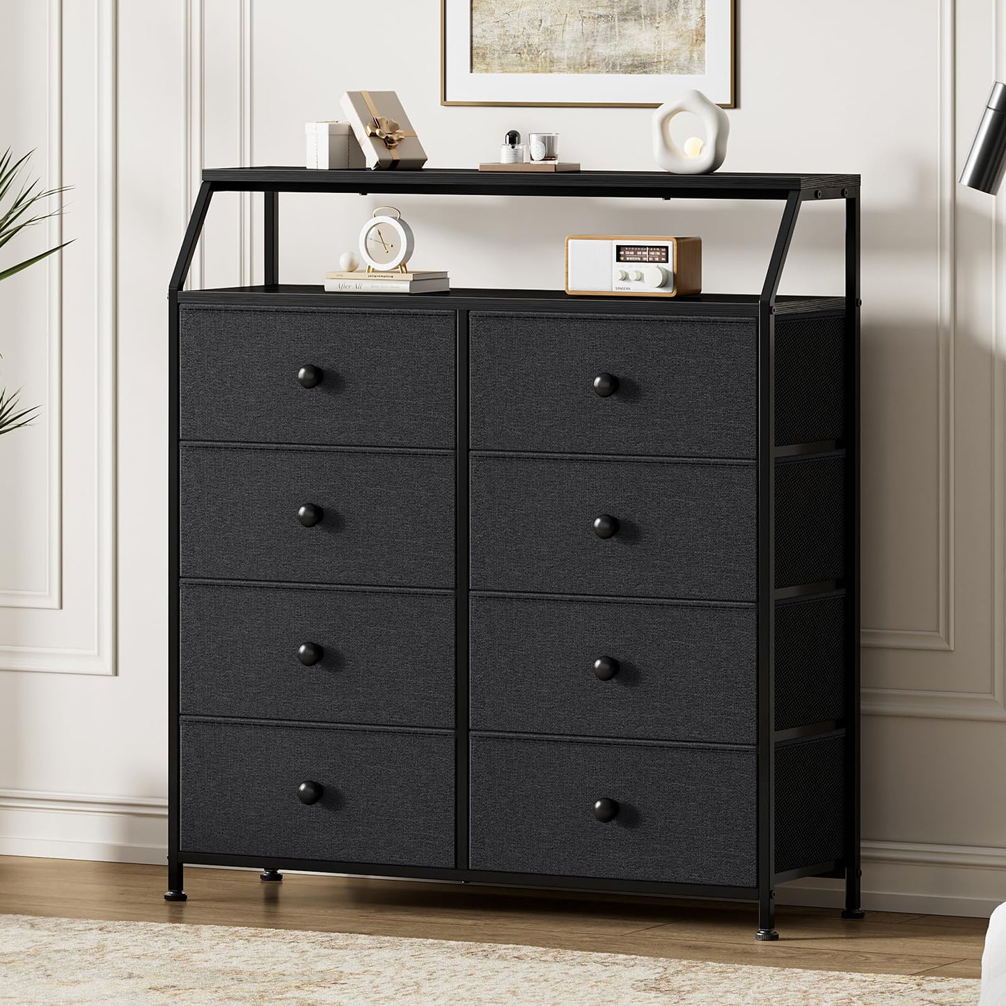 Mossora Chest of Drawers with 8 Drawers, Black Dresser for Bedroom with Shelf and 2Pcs Wooden Top, Large Storage Organizer Unit for Closet, Living