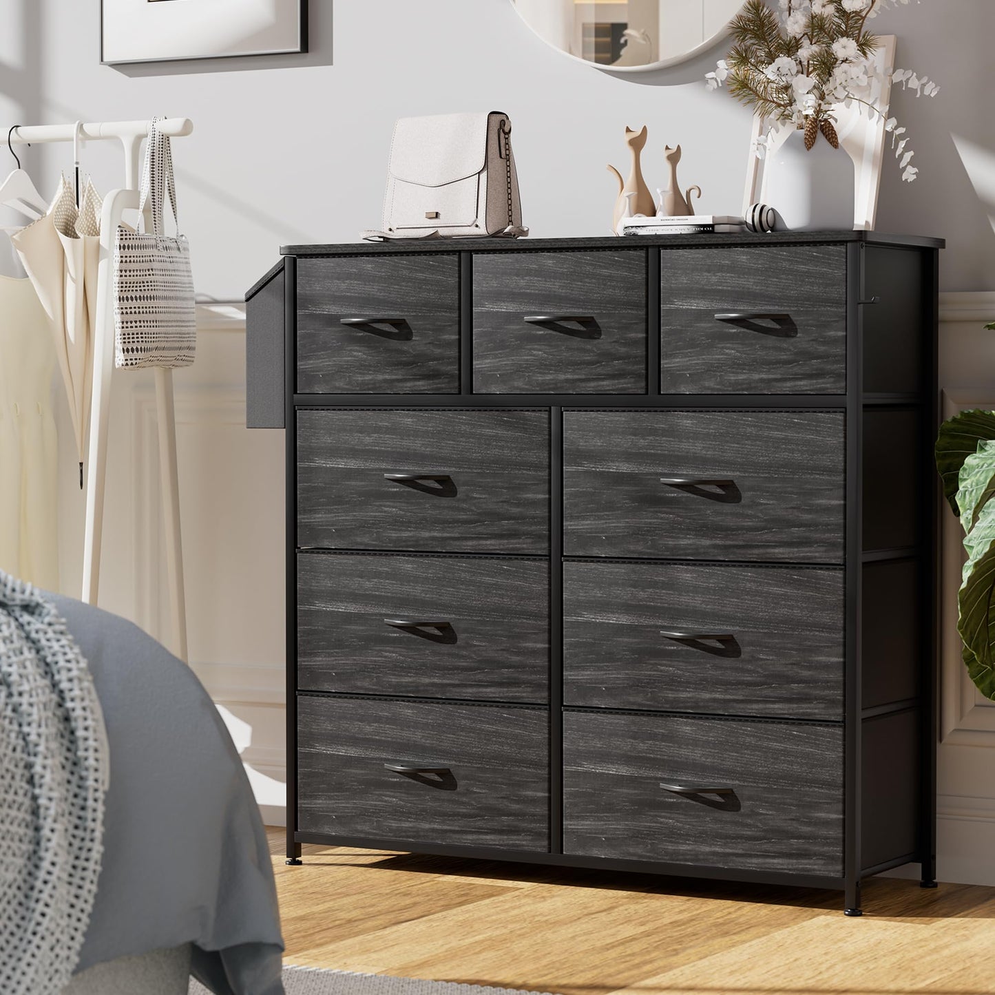 PURFINO Fabric Chest of Drawers - Canvas Storage Unit with 9 Drawers, Label Cards, Side Pocket & Hook for Living Room, Hallway, Bedroom