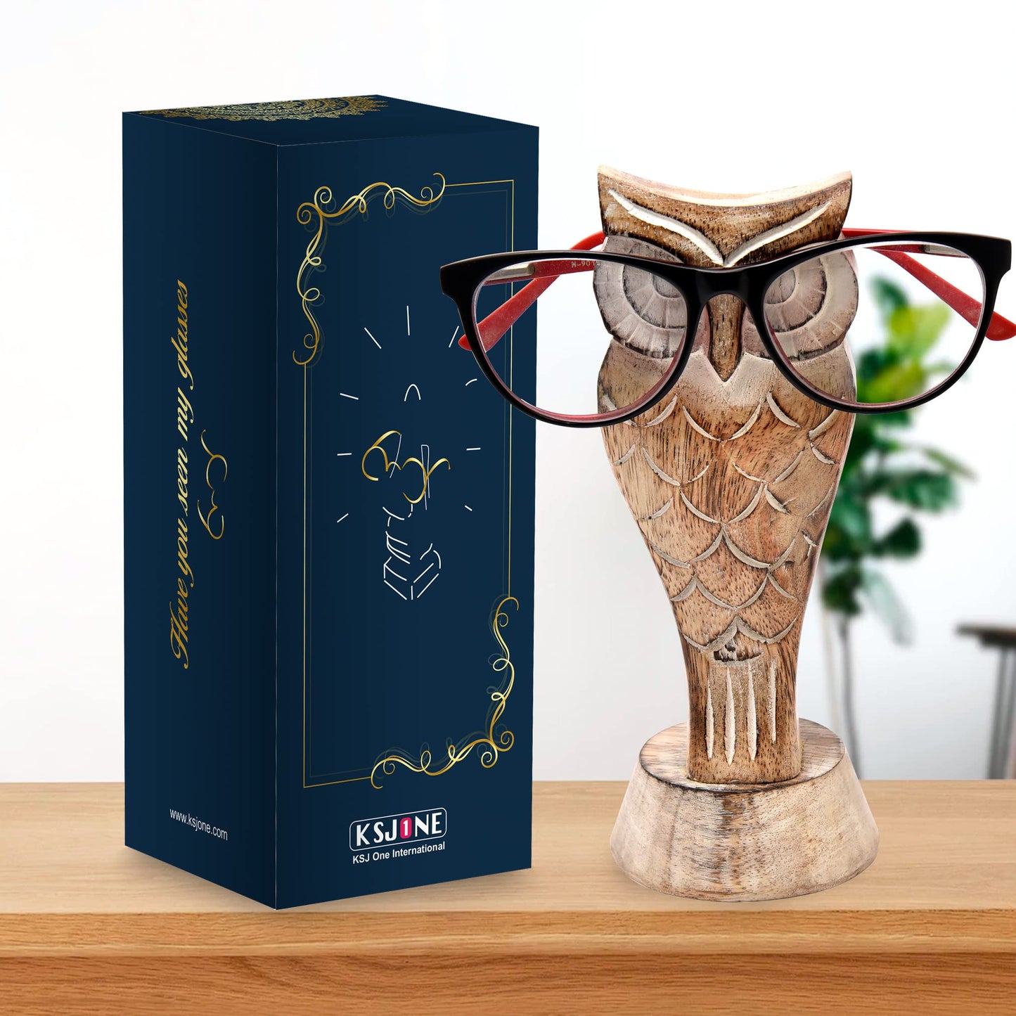 KSJONE Gift Packaged Unique Owl Spectacle Holder Wooden Eye glasses Stand Handmade Gift for Women and Men Home Office Gift for Teacher Him Her Mom