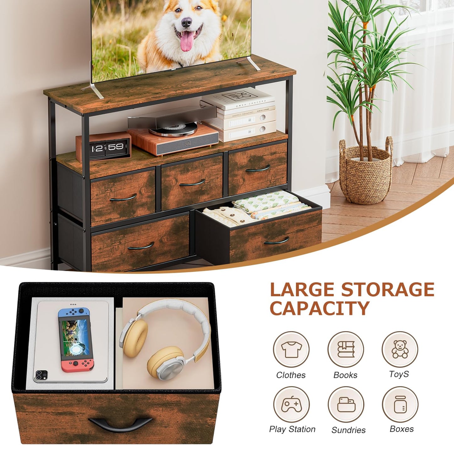 Taotigzu TV Stand with 5 Fabric Drawers,TV Cabinet for TVs up to 65”(Brown)