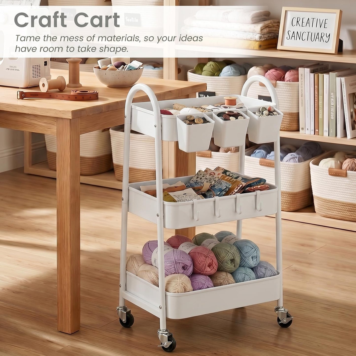 danpinera 3-Tier storage trolley, Metal storage cart with Lockable Wheels & Hanging Cups & Hooks, storage trolley on wheels for bathroom, kitchen