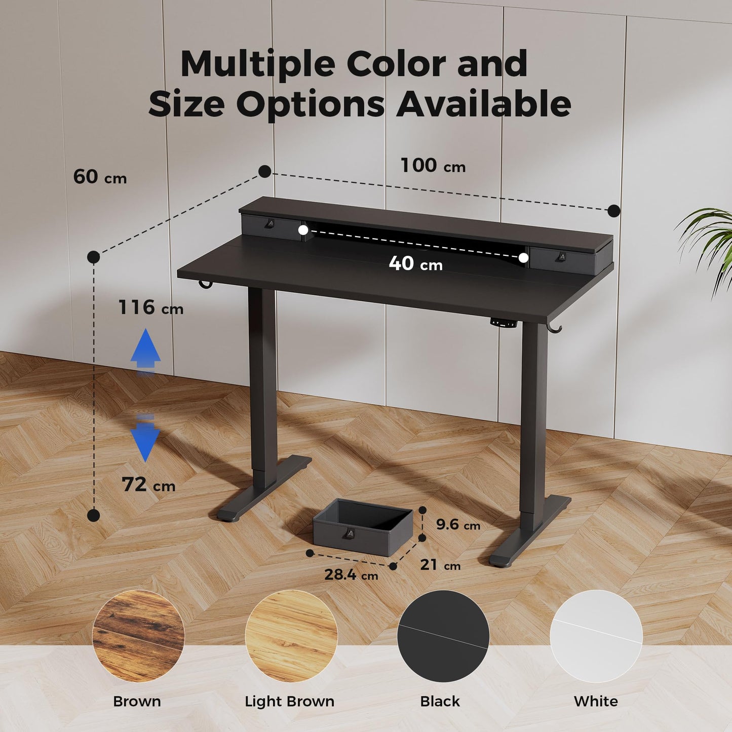 Agilestic Electric Adjustable Height Desk, with 2 Fabric Drawers, 100x60cm
