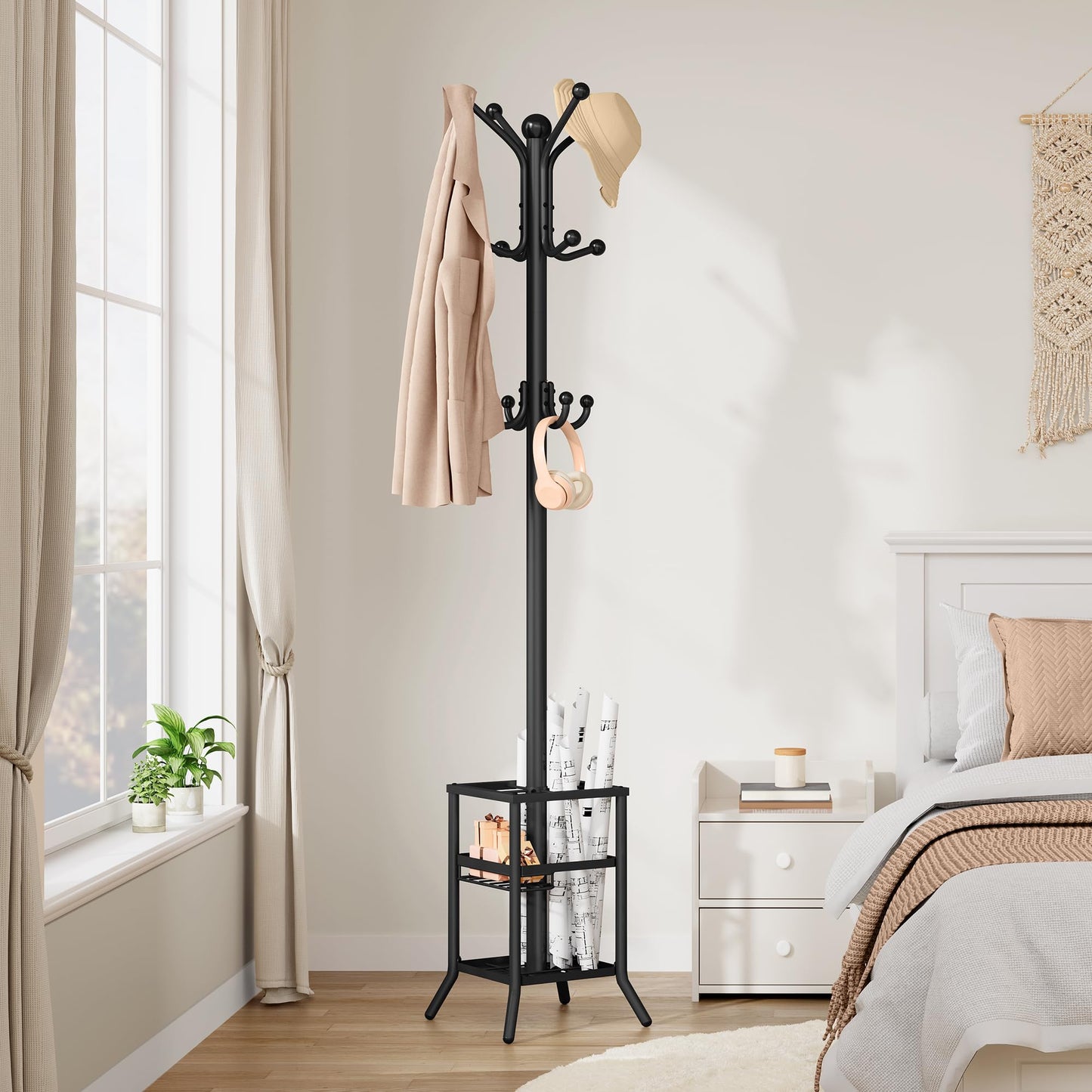 FAVOOSTY Coat Stand Coat Rack with 12 Hooks, Free standing Clothes Clothing Rack with Umbrella Holder, Hats