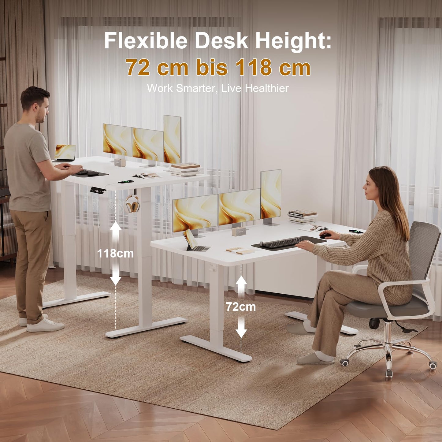 JUMMICO Height-Adjustable Desk 140 x 70 cm with Cable Tray, Height-Adjustable Electric Standing Desk with USB Socket, Computer Desk