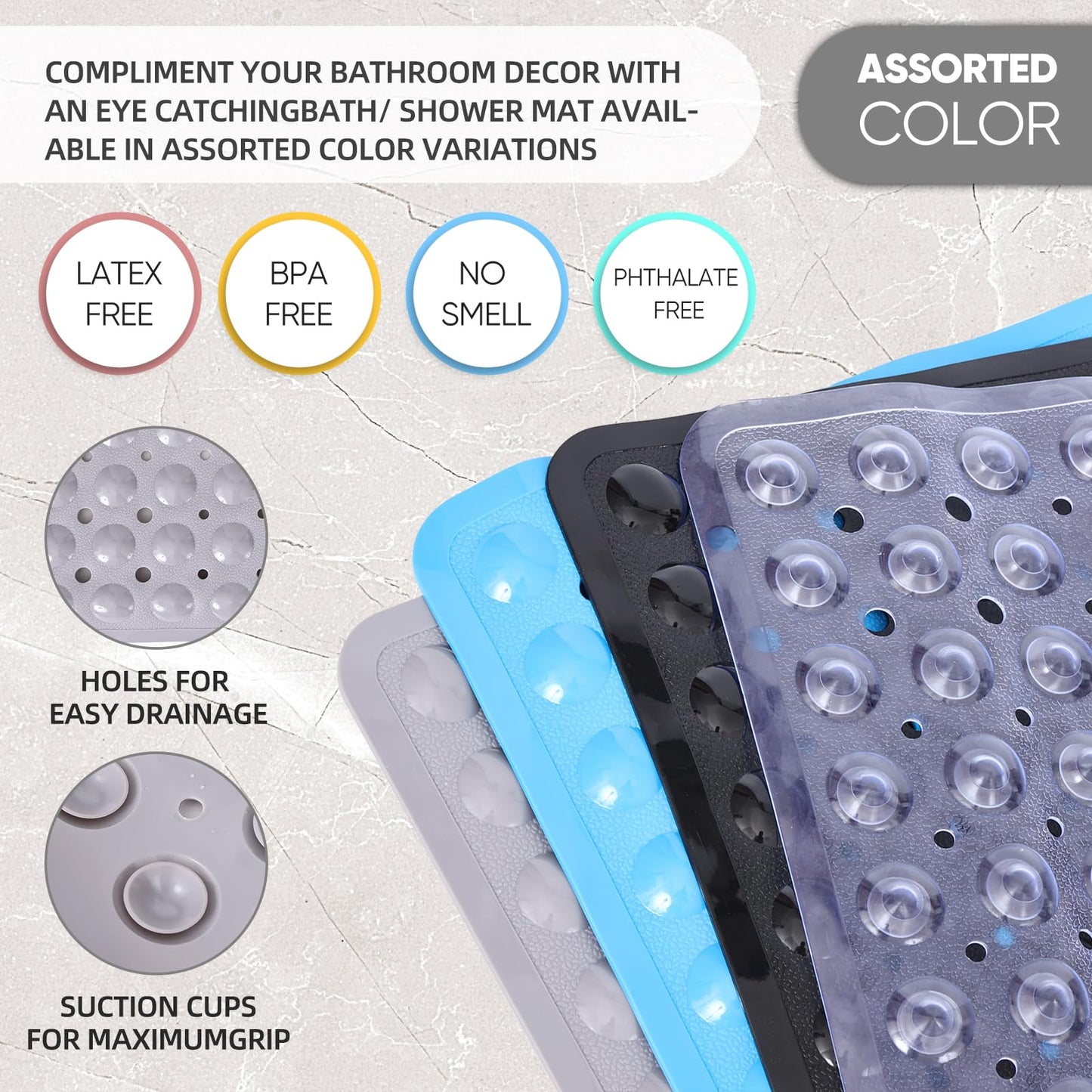 Square Shower Mat Non Slip Anti Mould, 53 x 53cm Non Slip Shower Mats for Inside Shower with Strong Suction Cups & Drain Holes, Machine Washable