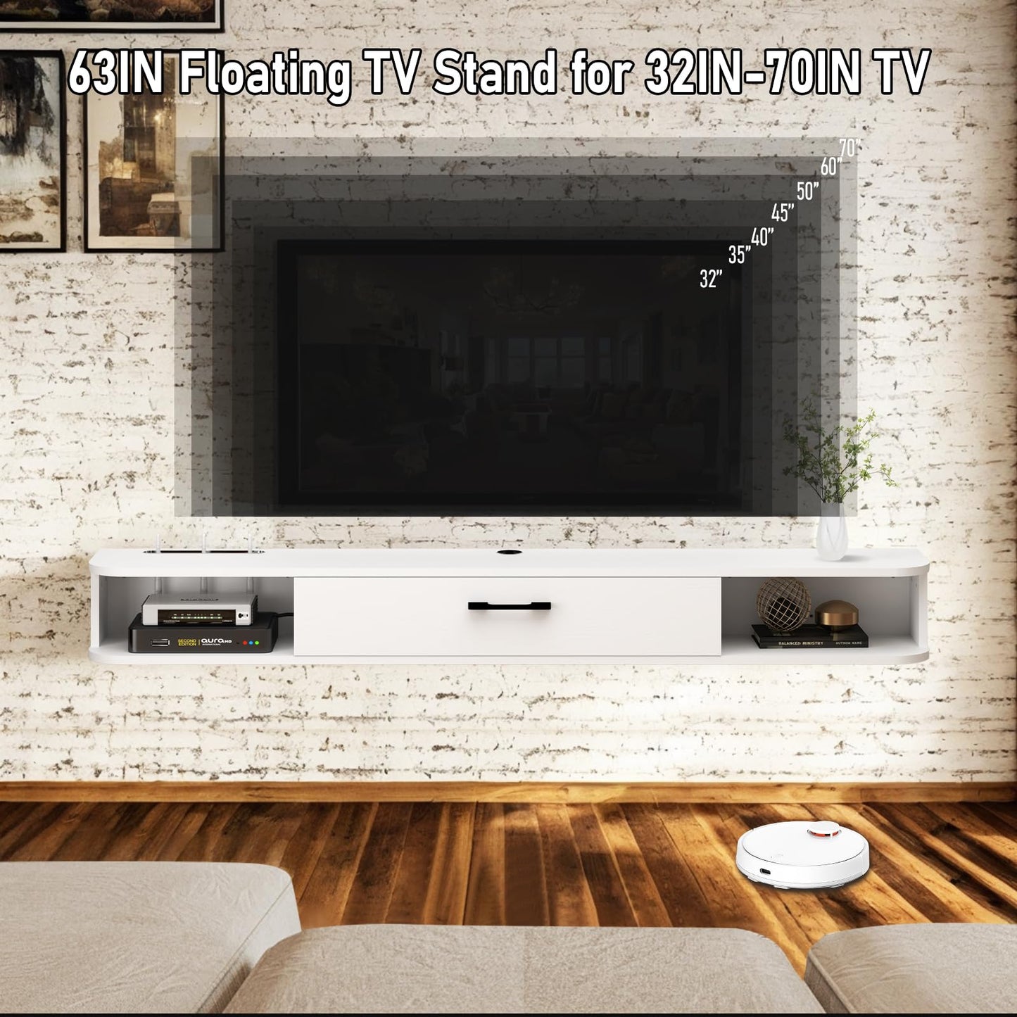 Pmnianhua Floating TV Unit, Wall Mounted TV Cabinet, Floating Shelves with Drawer