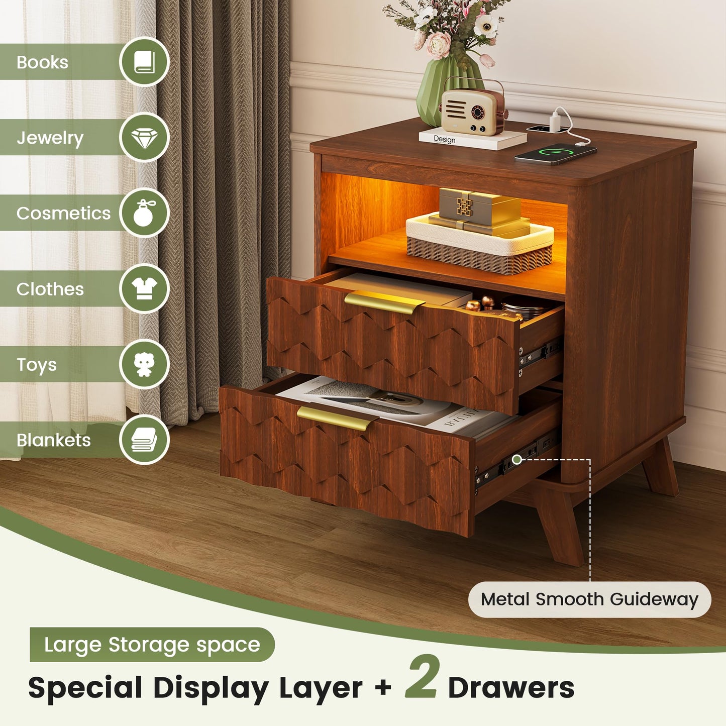 Gurexl Led Bedside Tables with USB and Human Body Sensor for Bedroom,Walnut