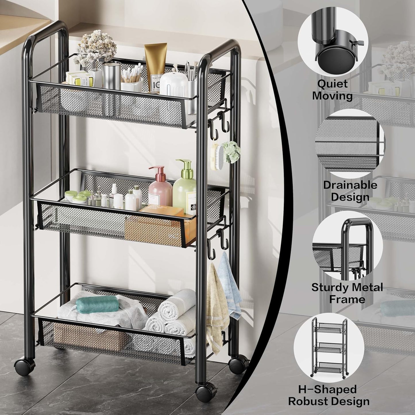 Goeasyoii 3/4/5 Tier Rolling Cart, Metal Storage Cart,Space-Saving Kitchen Cart with Castors,Shelving Organizer for Kitchen, Bathroom, Laundry Room
