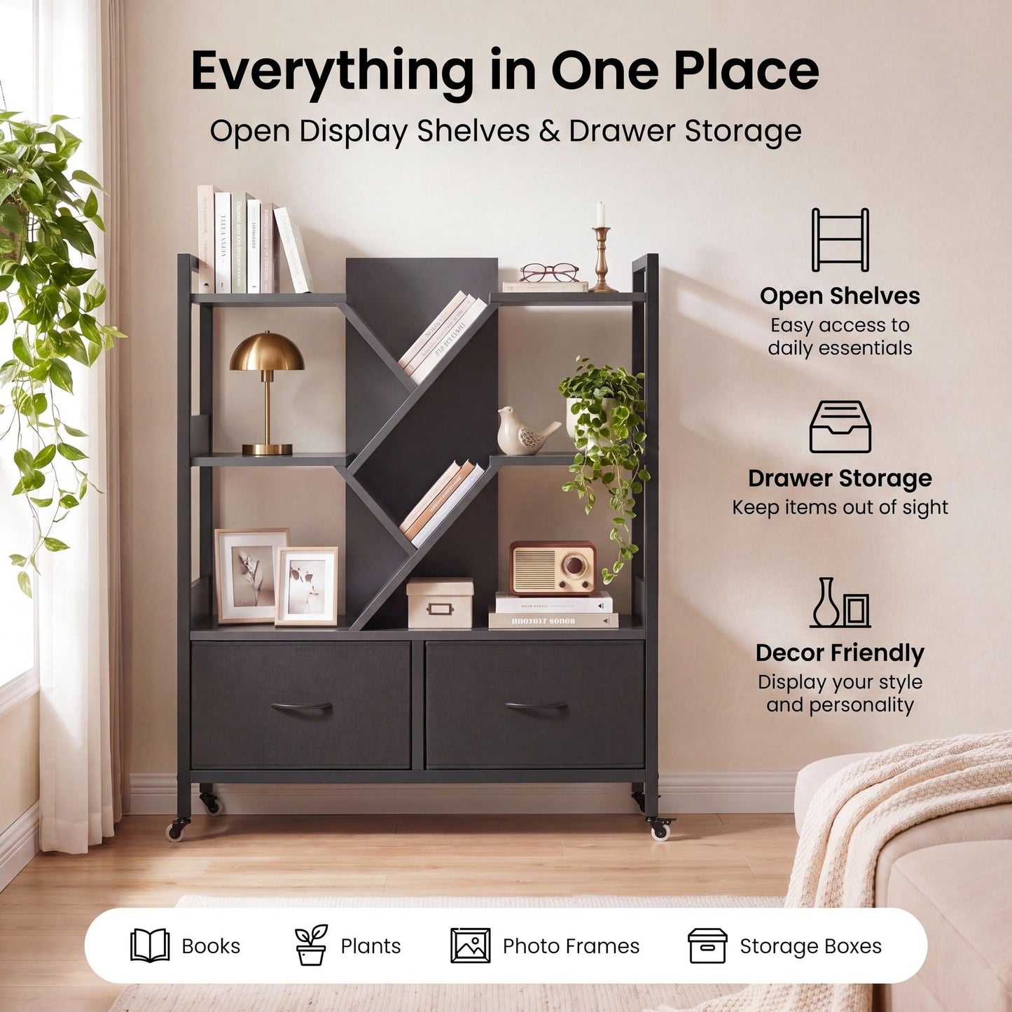 IRONCK Black Bookshelf with 2 Drawers & Wheels, Cube Bookcase 100x32x104 cm