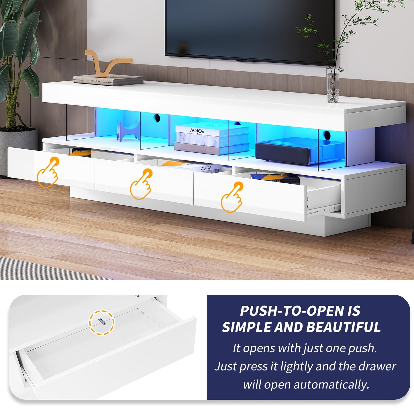 Ball & Cast TV Stand Cabinet, High Gloss TV Unit with LED Lights via Bluetooth, White TV Cabinet with 3 Drawers & 3 Open Storage Space
