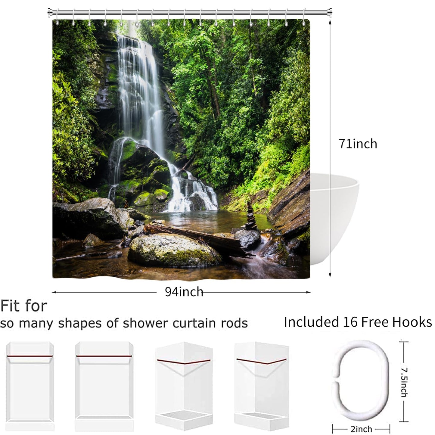 Hnmdmyi Forest Shower Curtain 240x180, Tropical Jungle Rainforest Green Tree Plant Nature Landscape Waterfall Scenery Bathroom Curtains Waterproof