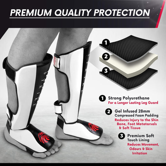 Valour Strike Shin Guards for Kickboxing Muay Thai MMA Karate Martial Arts Taekwondo or Kick Boxing | Sparring Pads to Guard Leg Foot & Instep |