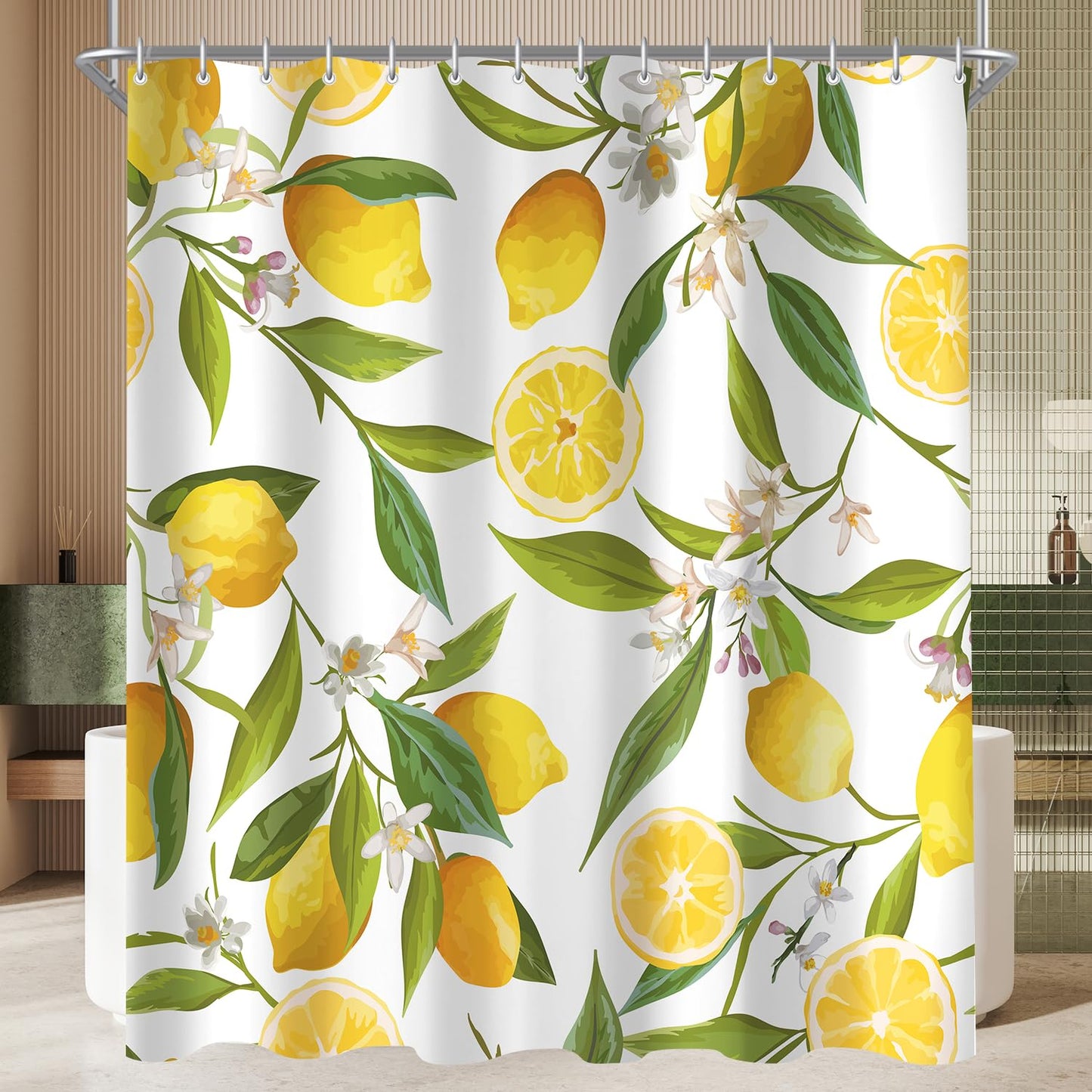 Lerores Shower Curtain, 200 x 200 cm, Lemon Leaf, Weighted Hem, Anti-Mould, Water-Repellent, Washable Polyester Bath Curtains with 12 Eyelets and