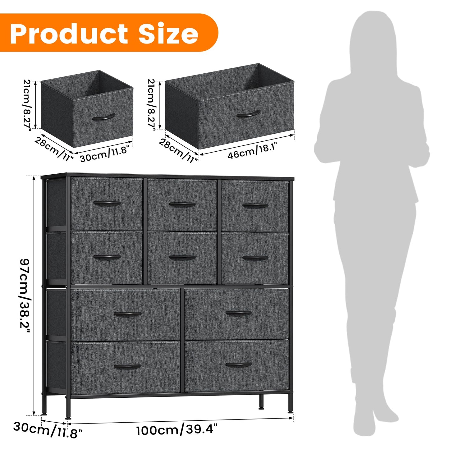 GoaHi Chest of Drawers, Large Dressers with Metal Frame and MDF Wooden Top Board, Adjustable Feet, Anti-Tip Safety