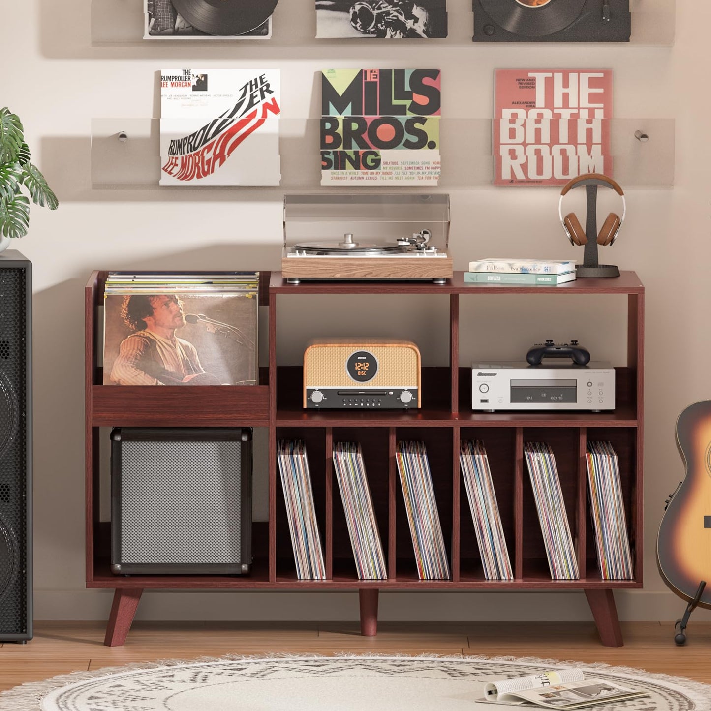LELELINKY Large Record Player Stand, Turntable Stand with Storage, Vinyl Holder with Display Area, Record Player Table Holds Up to 450 Albums