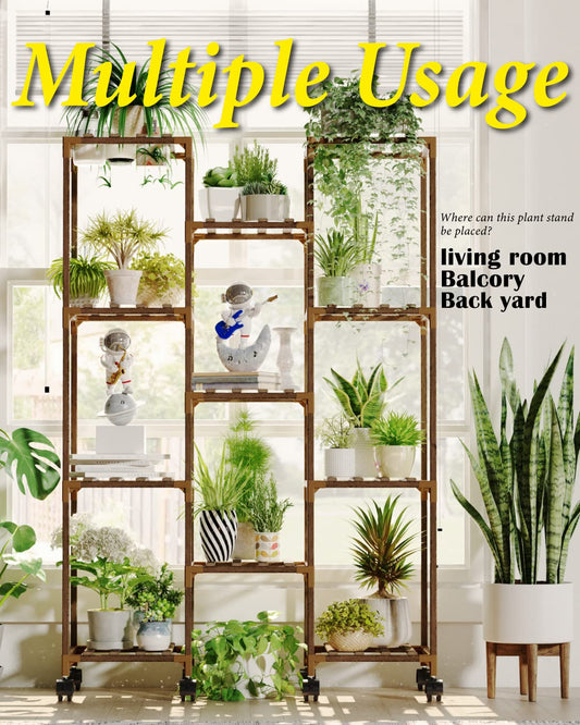 Bamworld Plant Stand With Wheels Indoor Outdoor Wood Plants Shelf for Multiple Plants 11 Pots Tall Large Flower Holder for Living Room Patio Balcony