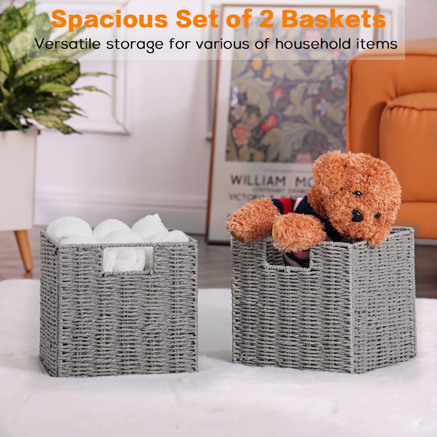 Vagusicc Storage Basket, Set of 2 Hand-Woven Paper Rope Wicker Baskets for Storage, Foldable Cube Storage Bins Organizer