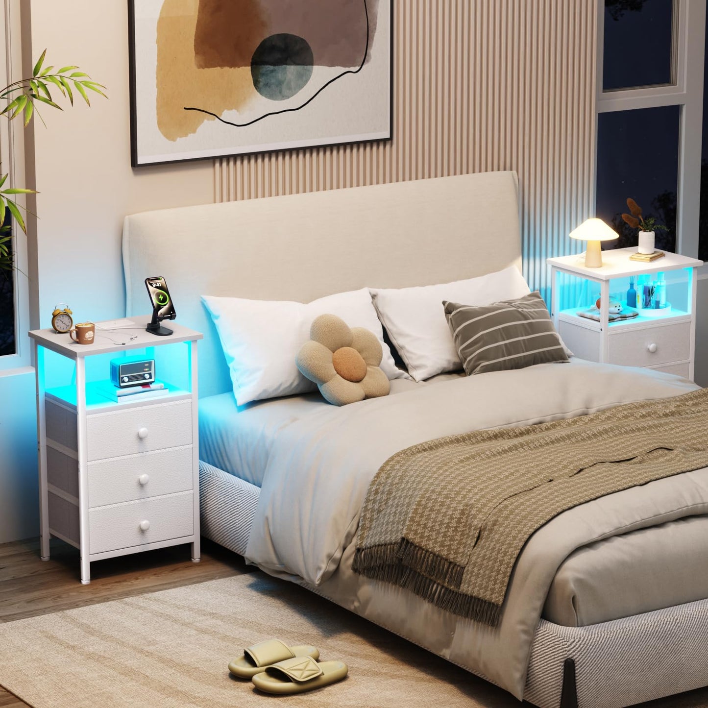 LOAKEKEL Bedside Table with Charging Station, Side Table with 3 Drawers