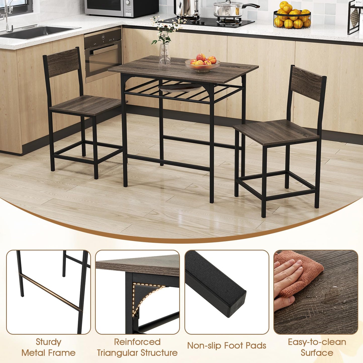GiantexUK 3PCS Dining Table Set, Wooden Dining Table and Chairs with Storage Rack & Convenient Footrests