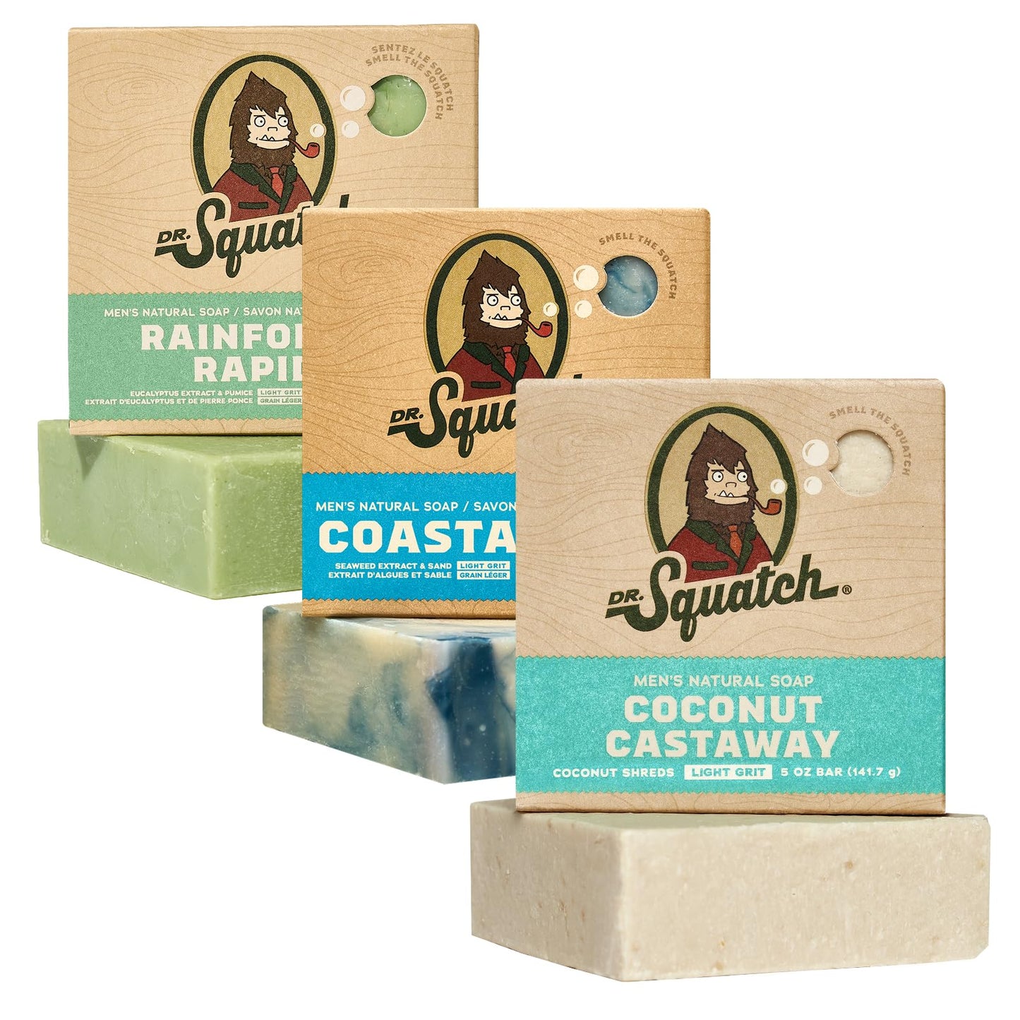 Dr. Squatch Natural Bar Soap for Men - Cold Process Soap with No Harmful Ingredients - Coconut Castaway, Rainforest Rapids and Coastal Mist (5 oz,