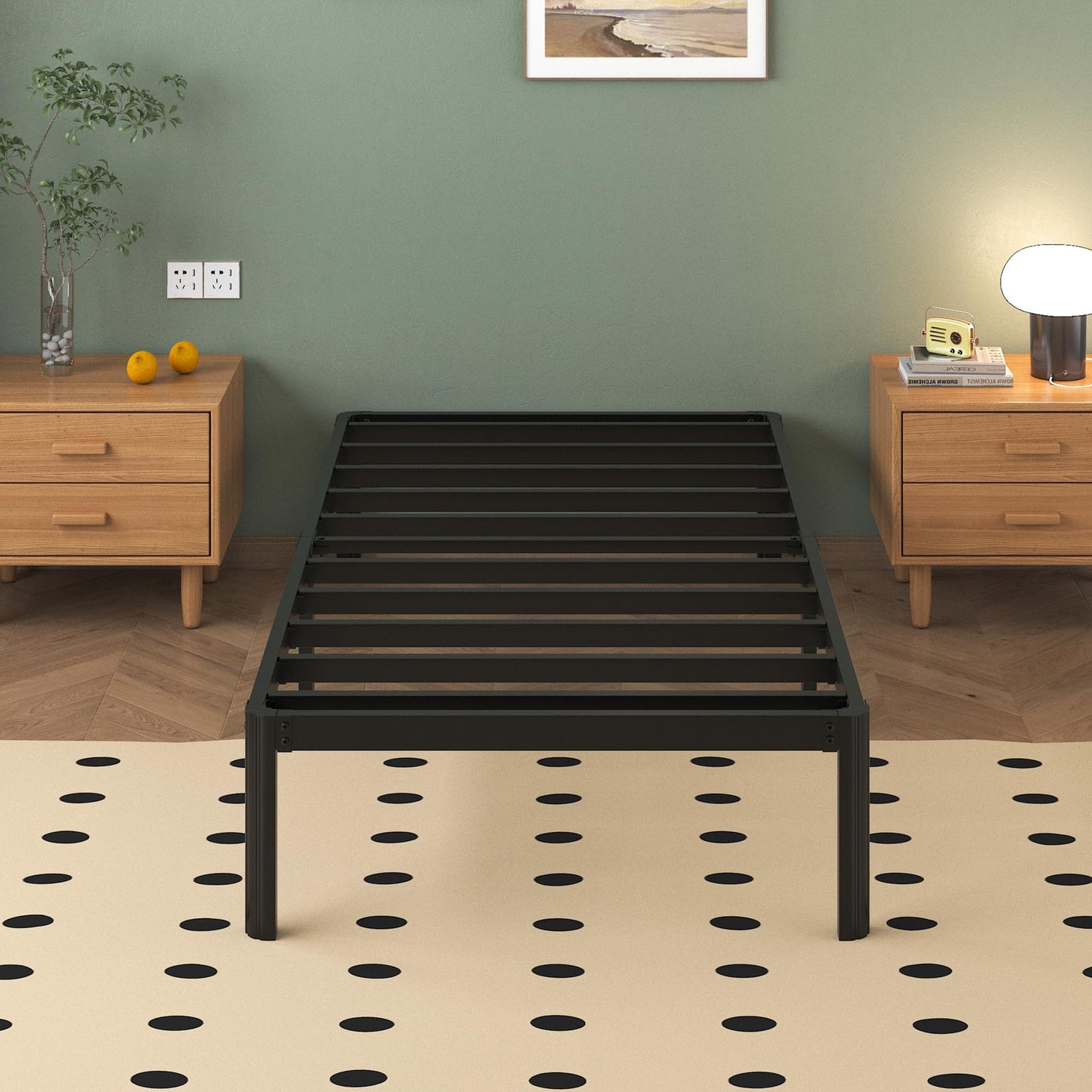Lutown-Teen Metal Bed 90 x 200 cm with Round Legs, 36 cm Height Bed Frame Single Bed with Metal Slatted Frame, Black