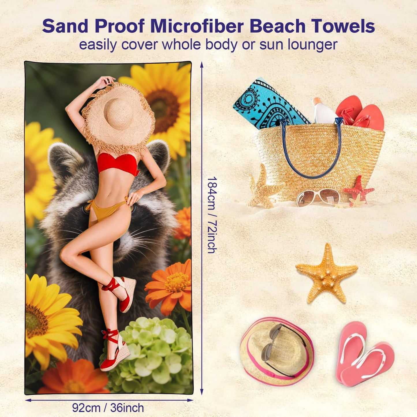 Violetpos Raccoon in Sunflowers & Hydrangeas Beach Towel, Extra Large 180x90 cm 250GSM Microfibre, Sand Free Quick Dry