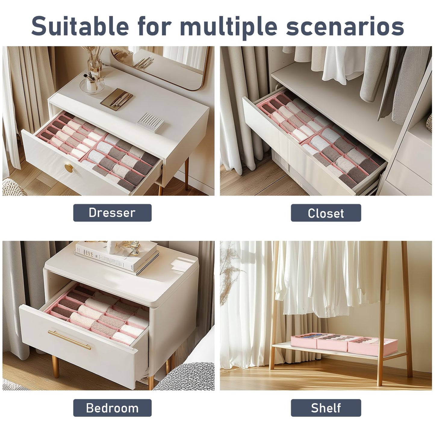 DIMJ Sock Organizer Drawer Dividers - 2 Pack Underwear Organiser, 24 Cells Collapsible Closet Organisers and Storage Sock Holders Organisers for