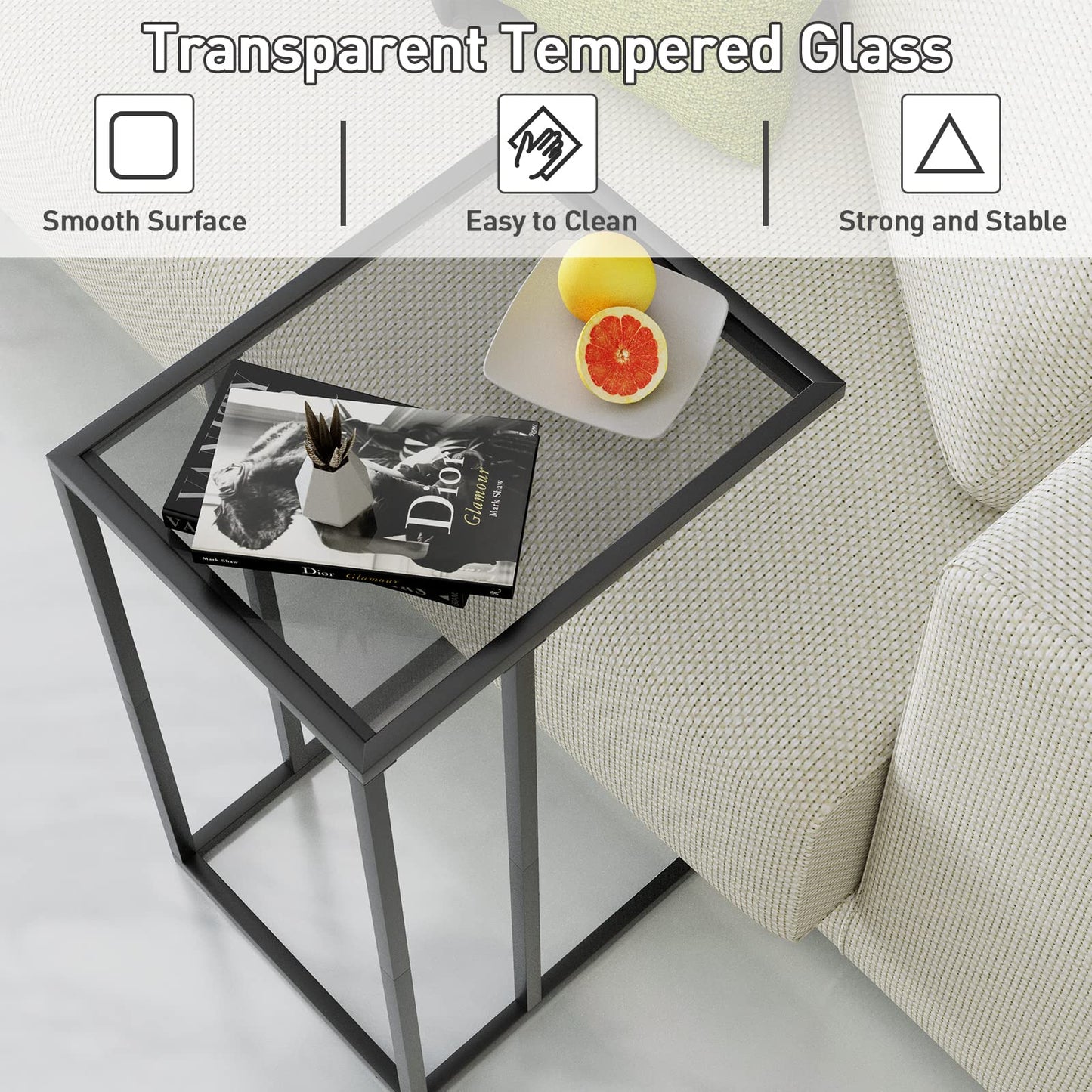 Huhote C Shaped End Table, Glass Side Table for Couch, Sofa Table with Metal Frame, Couch Table for Living Room, Bedroom, Bedside, Black