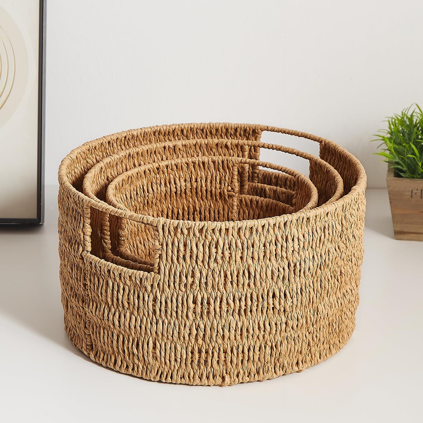 Vagusicc Woven Storage Baskets Set of 3, HandWoven Round Wicker Storage Basket with Handles, Natural Wicker Shelf Baskets Organizer