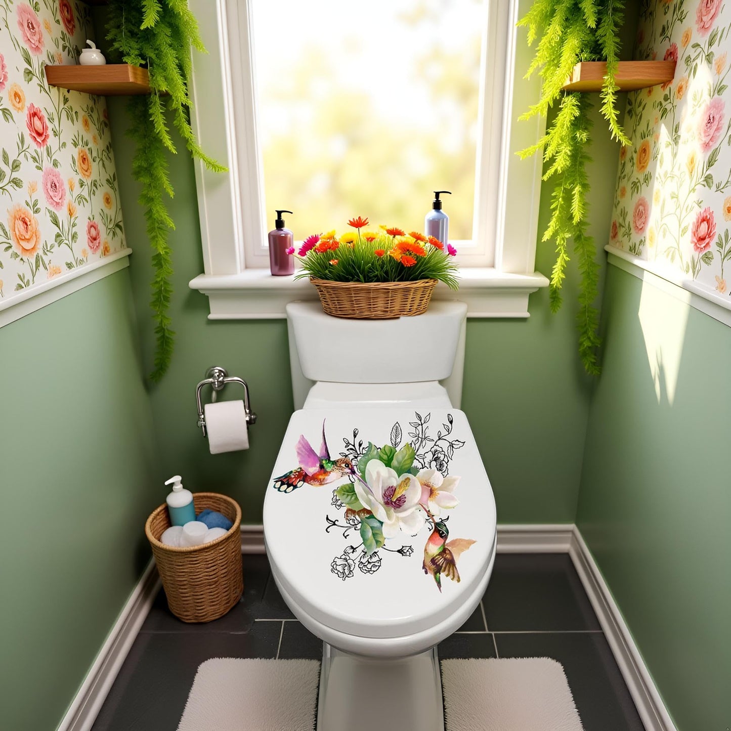 Birds Flowers Butterfly Toilet Seat Lid Stickers Self-Adhesive Bathroom Wall Sticker Floral Birds Butterfly Seat Decals DIY Removable Waterproof