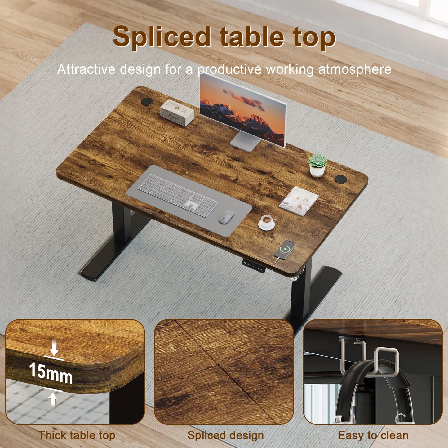 JUMMICO Electric Desk Height Adjustable with USB Charging Port, Height Adjustable Desk, Ergonomic Sit Stand Desks 120 x 60 cm, Brown