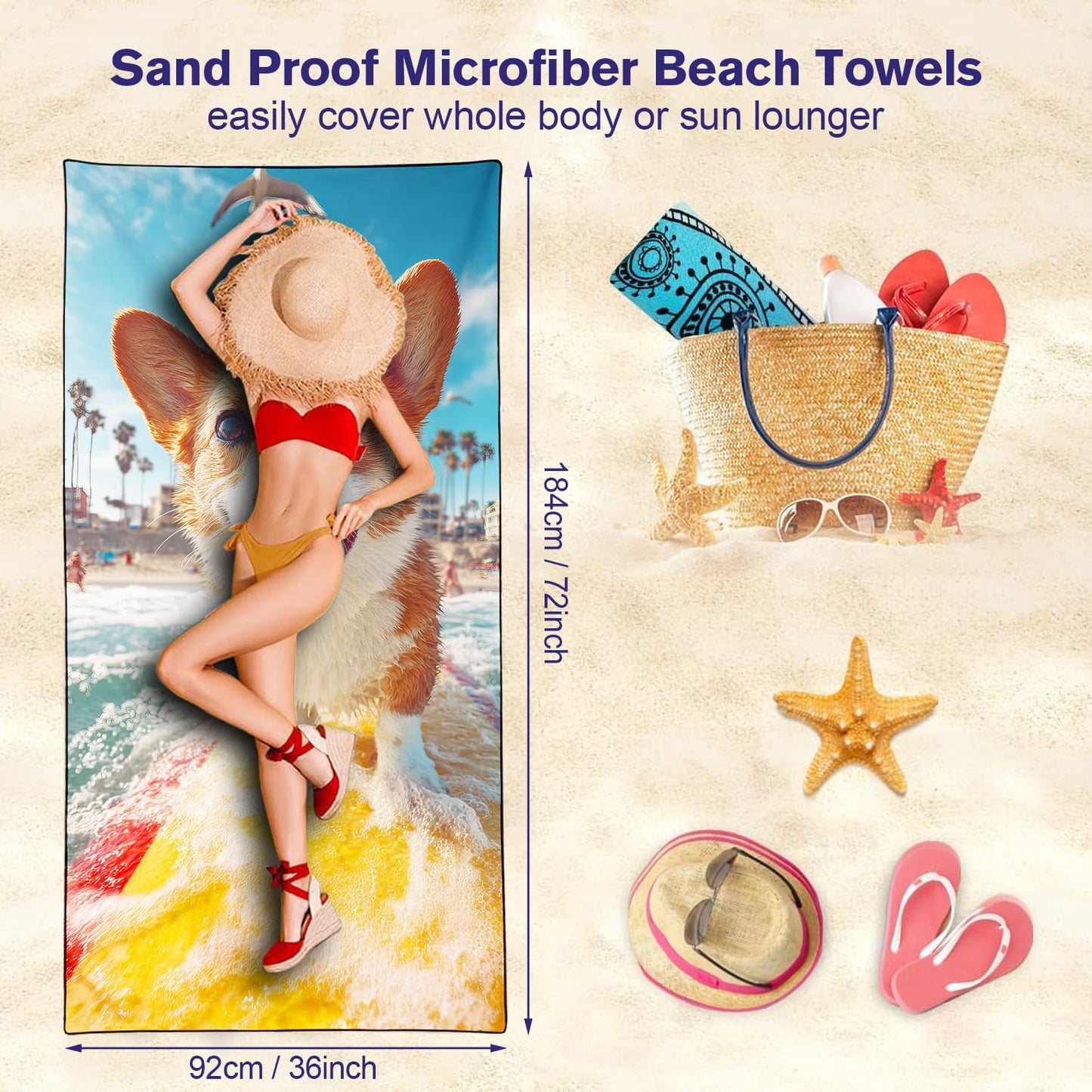 Violetpos Surfing Corgi Beach Towel, Extra Large 180x90 cm 250GSM Microfibre, Sand Free Quick Dry